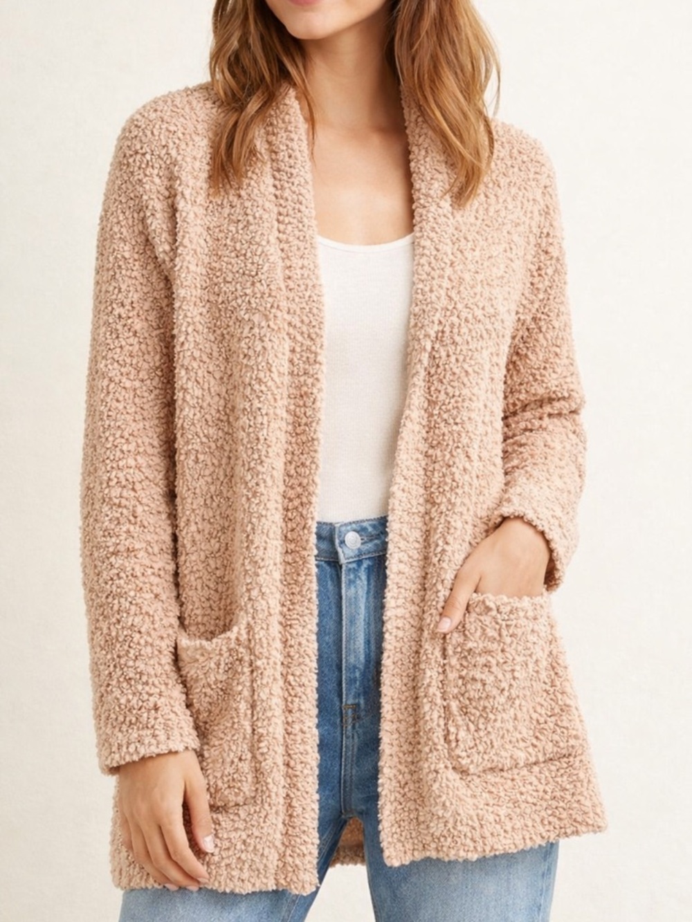 Cozy Teddy Sherpa Cardigan Tan Open Front Soft Lounge Small